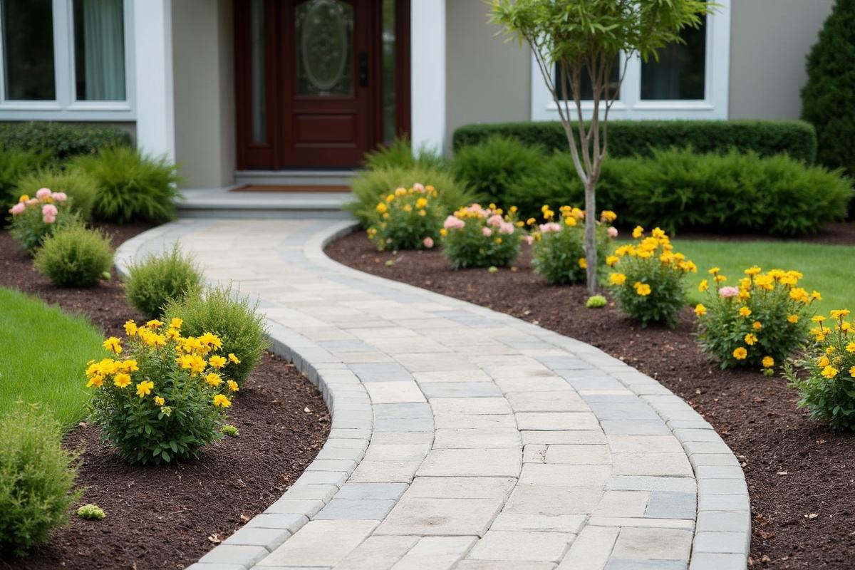 Curved concrete and paver pathway leading to a garden entrance.