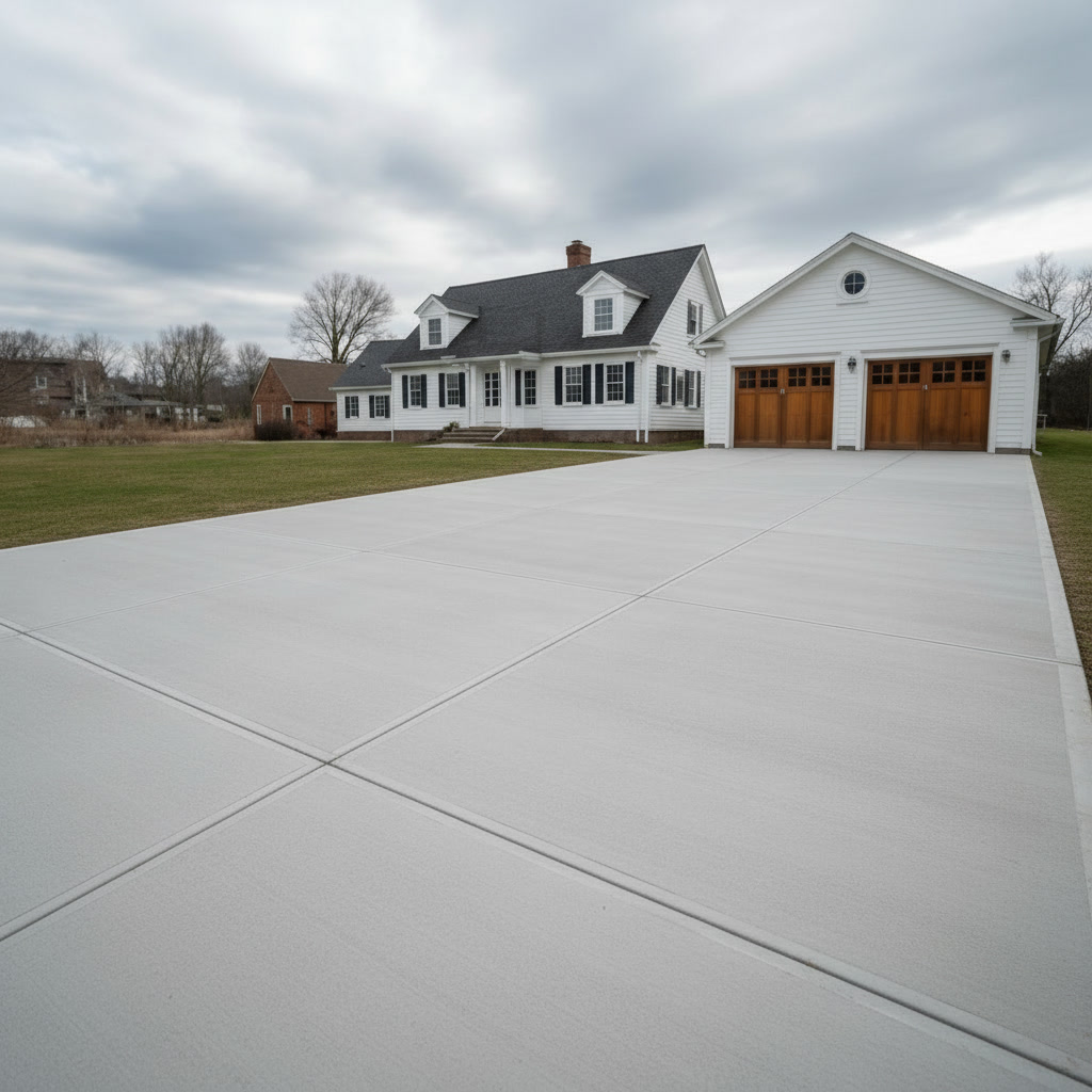 Completed smooth broom-finish concrete driveway at a residential property.