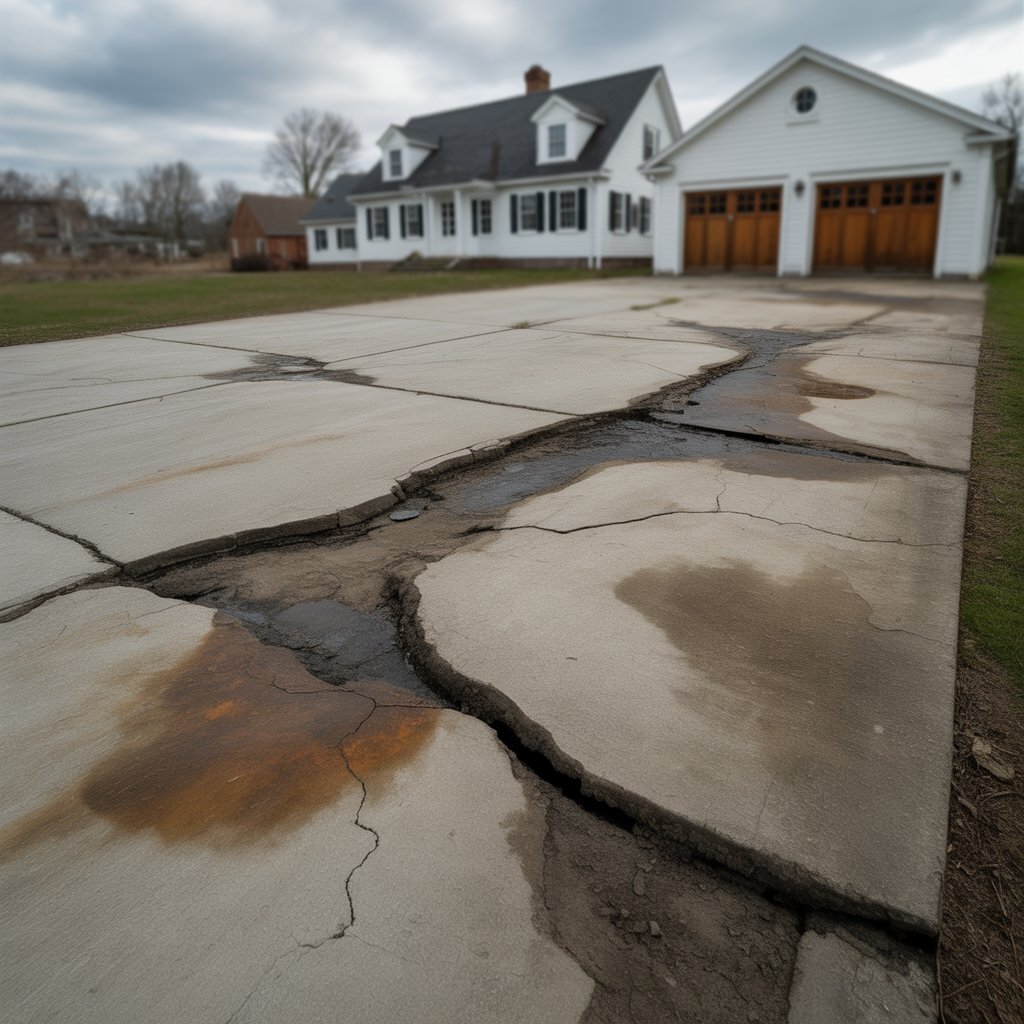 Deteriorated concrete driveway with cracks and damage before replacement.