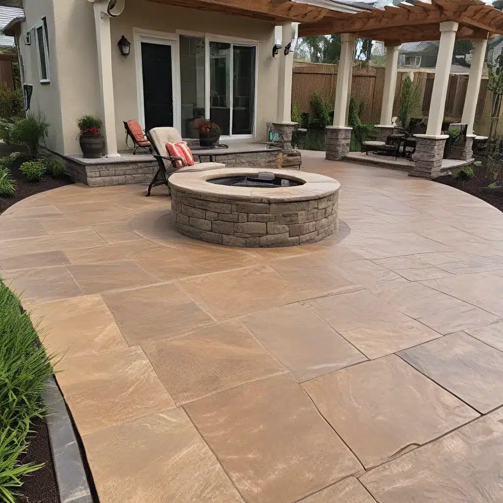 Stamped concrete patio with fire pit and pergola in a backyard setting.